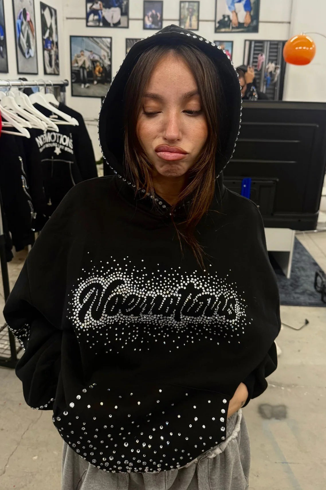 Rhinestone Script Graphic Oversized Pullover Hoodie