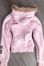Letter Print Fur Trim Fitted Hoodie