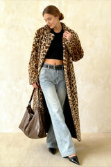 Leopard Print Notched Collar Longline Faux Fur Overcoat