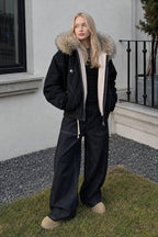 Black Short Puffer Fur Collar Jacket