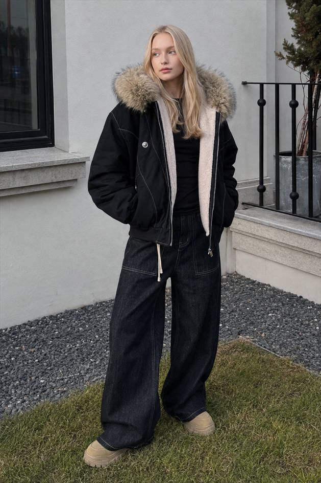 Black Short Puffer Fur Collar Jacket