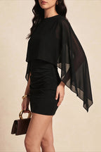 Sheer Cape Sleeve Ruched Bodycon Mini Dress