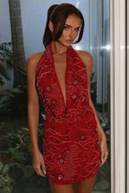 V-Neck Sequin Beaded Print Bodycon Mini Dress
