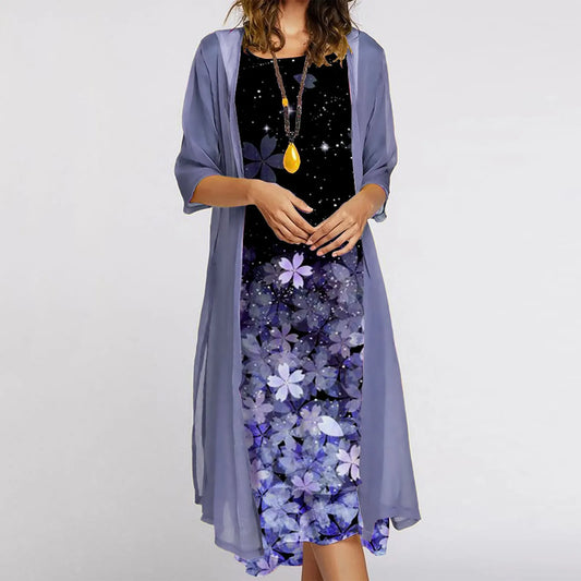 Vintage Kaftan Flower Ink Painting With Cardigan Shawl Sets Tunic Casual Women's Dress