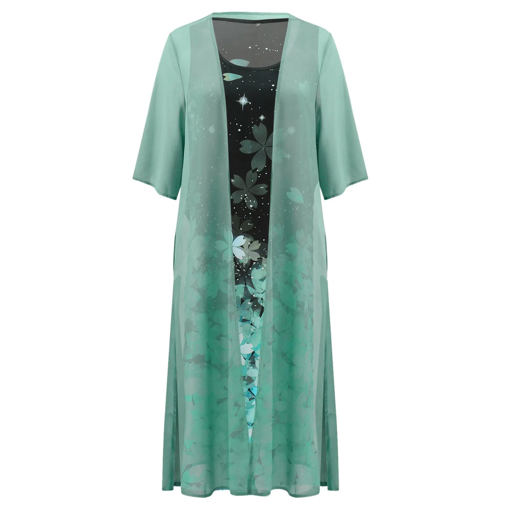 Vintage Kaftan Flower Ink Painting With Cardigan Shawl Sets Tunic Casual Women's Dress