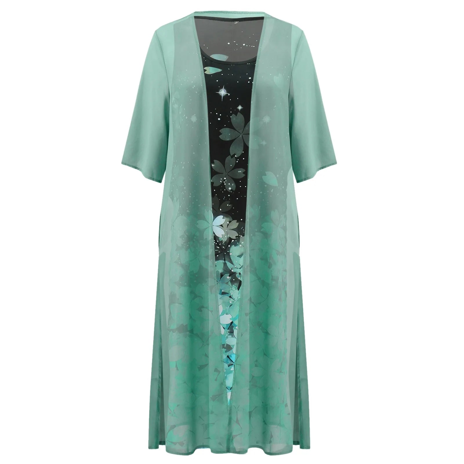 Vintage Kaftan Flower Ink Painting With Cardigan Shawl Sets Tunic Casual Women's Dress