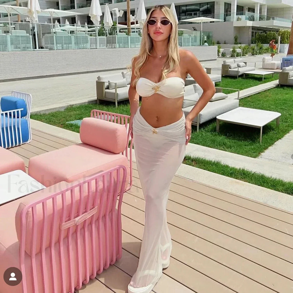 3 Piece Maxi Dress Bikini Set white / S