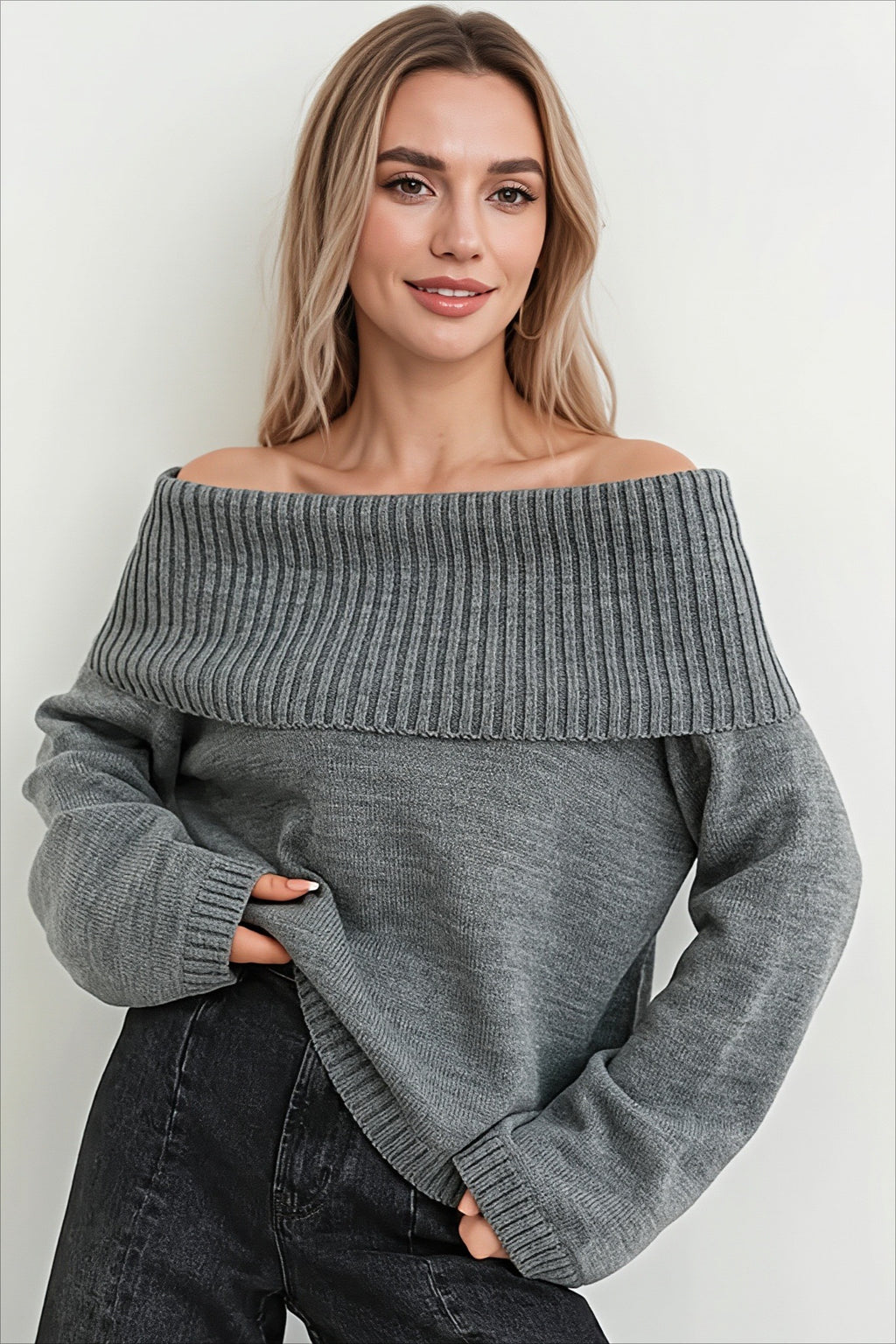 Foldover Off Shoulder Relaxed Pullover Knit Sweater