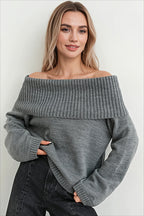 Foldover Off Shoulder Relaxed Pullover Knit Sweater