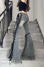 Vintage Plus Size Lace Up Split Hem Micro Flare Jeans