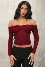 Off Shoulder Ruched Lace Long Sleeved T-shirts