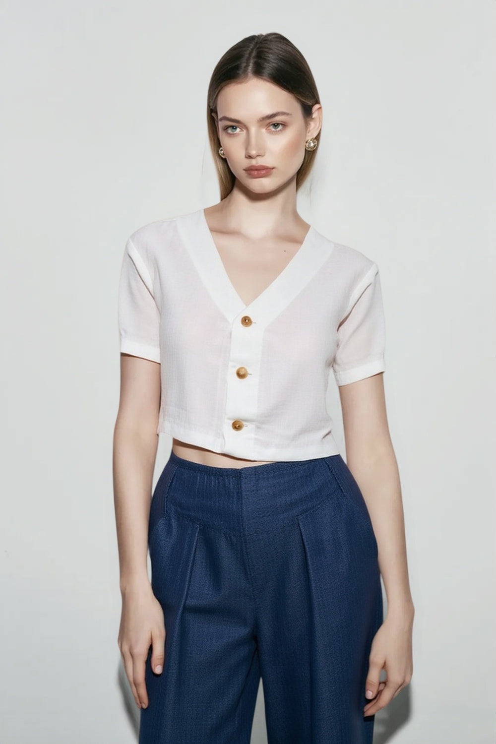 Linen V Neck Short Sleeve Blouse Main image