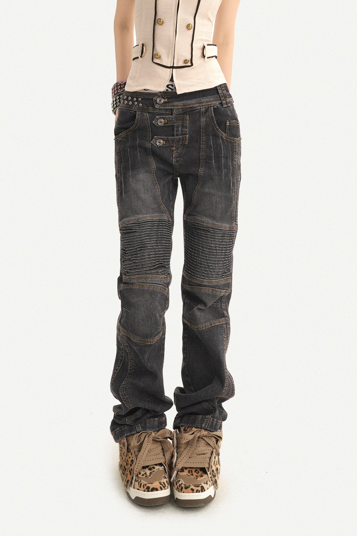 Multi Button Low Rise Straight Leg Jeans