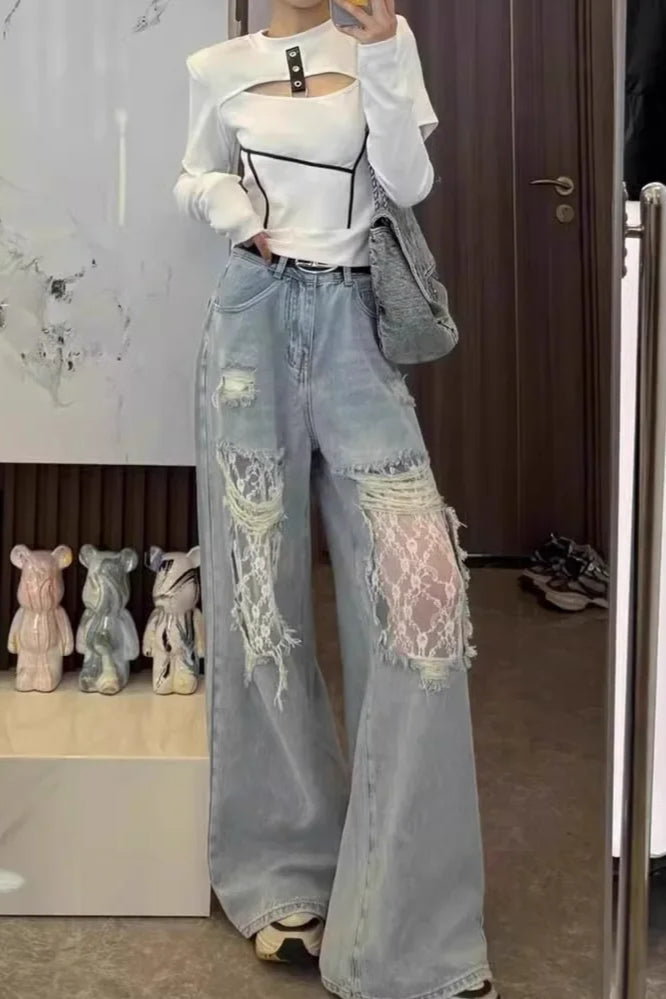 Lace Panel High Waist Wide Leg Jeans Secondary image