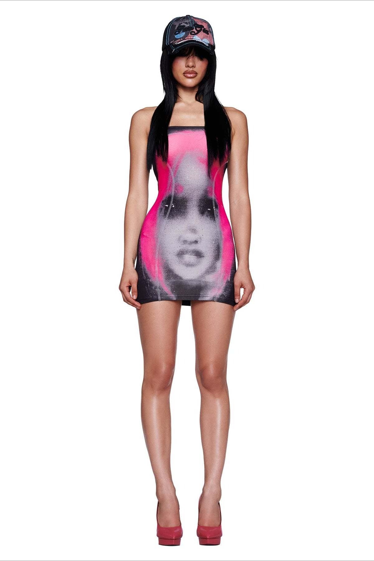 Abstract Portrait Strapless Bodycon Mini Dress