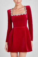 Elegant Square Neck Rhinestone Mini Velvet Dress
