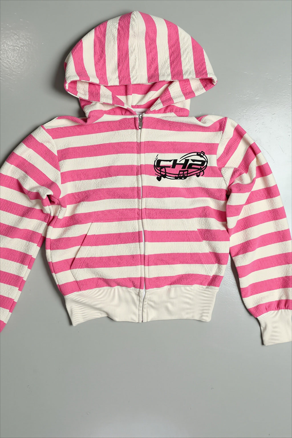 Pink Striped Graphic Zip Up Hoodie