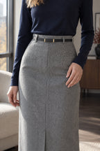 Elegant Striped Faux Wool Belted Casual High Waist A-Line Skirt