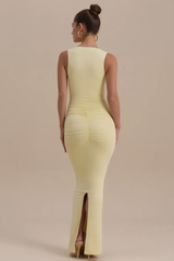 Sleeveless V Neck Ruched Back Slit Bodycon Party Dress