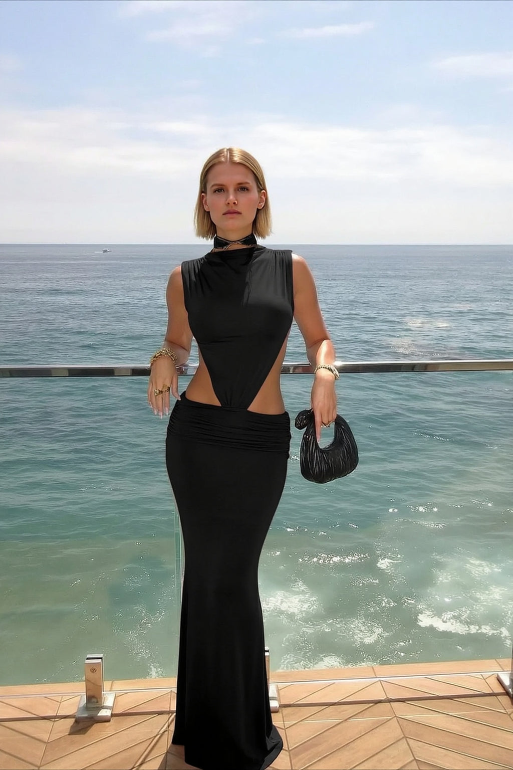 Sexy High Neck Sleeveless Cutout Waist Backless Party Dress
