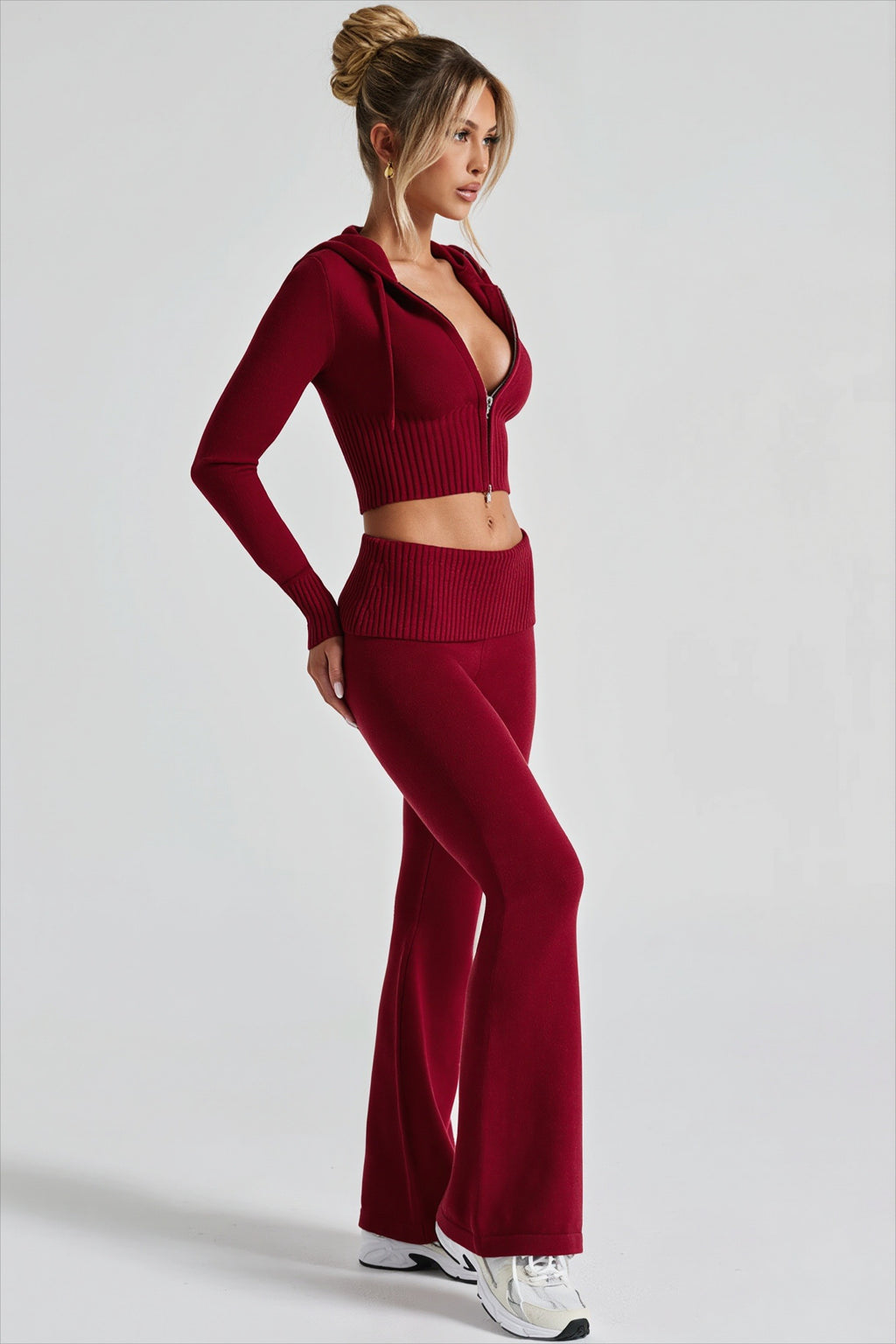 Cropped Zip Hoodie Flared Pants Two Piece Set