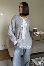 Lace Trim Bow Neck Relaxed Pullover Sweater