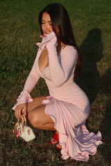 V Neck Flared Sleeve Ruffle Slit Party Dress