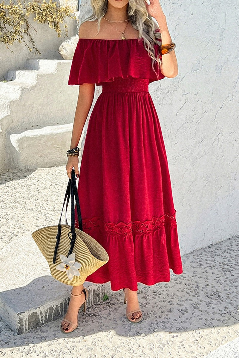 Casual Off Shoulder Waist Cinched Boho Dress Main image