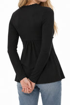 V-neck Ruched Solid Color Vintage Ruched Buttons T-Shirts