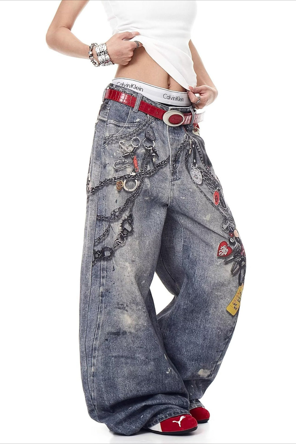 Three Dimensional Chain Print Wide Leg Jeans