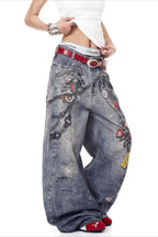 Three Dimensional Chain Print Wide Leg Jeans