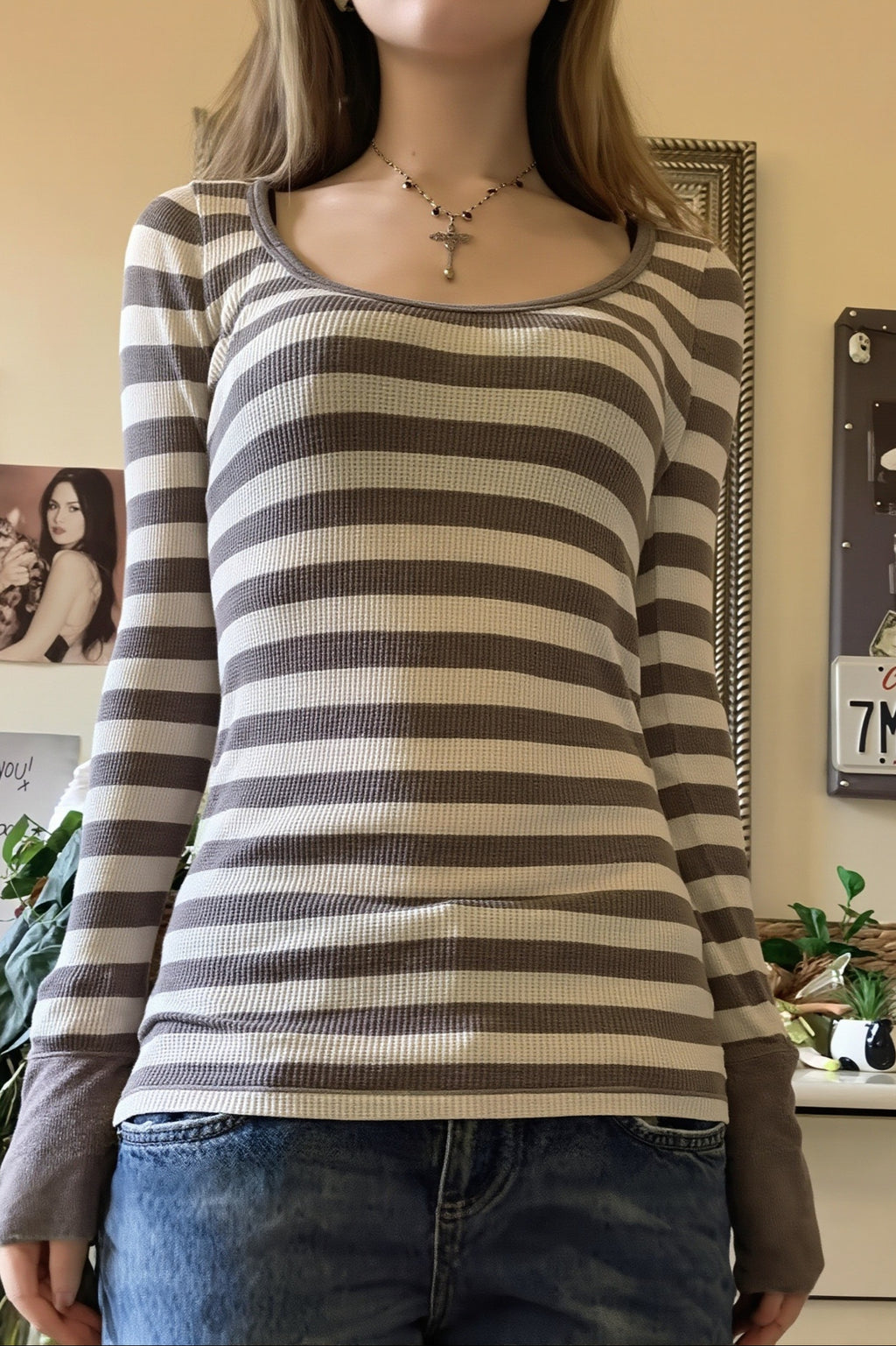 Striped Scoop Neck Fitted Long Sleeve T-Shirt
