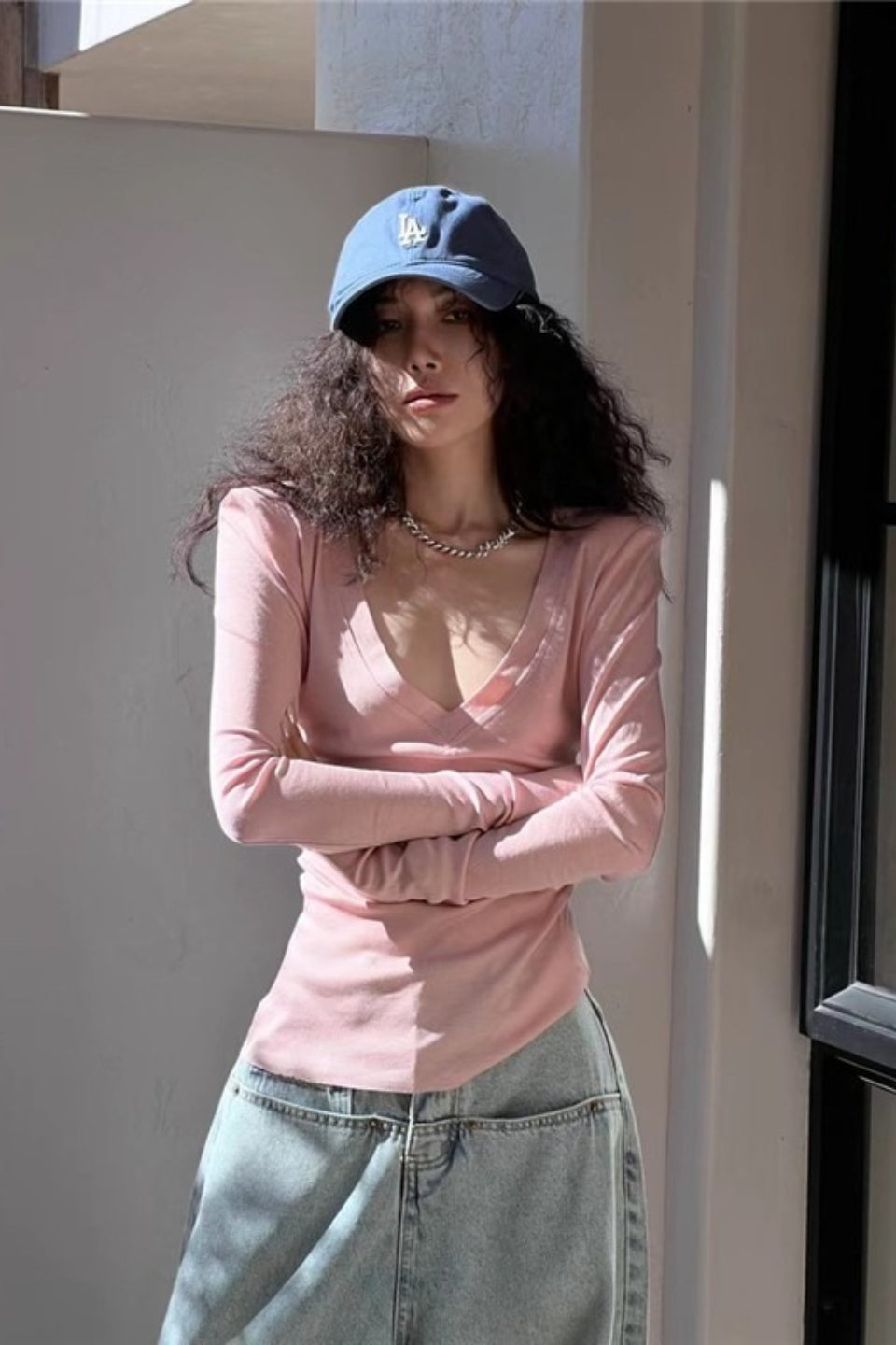 Slim Fit Low Cut Long V Neck Ribbed Long Sleeve Top Main image