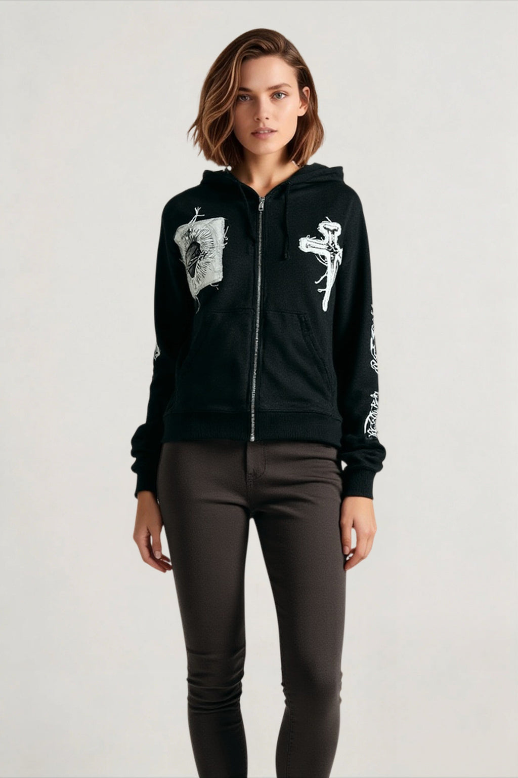 Embroidered Cross Zip Up Hoodie