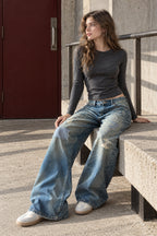 Vintage Washed Distressed Straight Leg Jeans