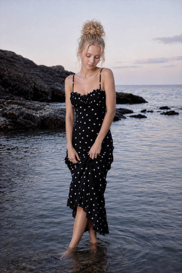 Polka Dot Backless Cami Bodycon Maxi Dress