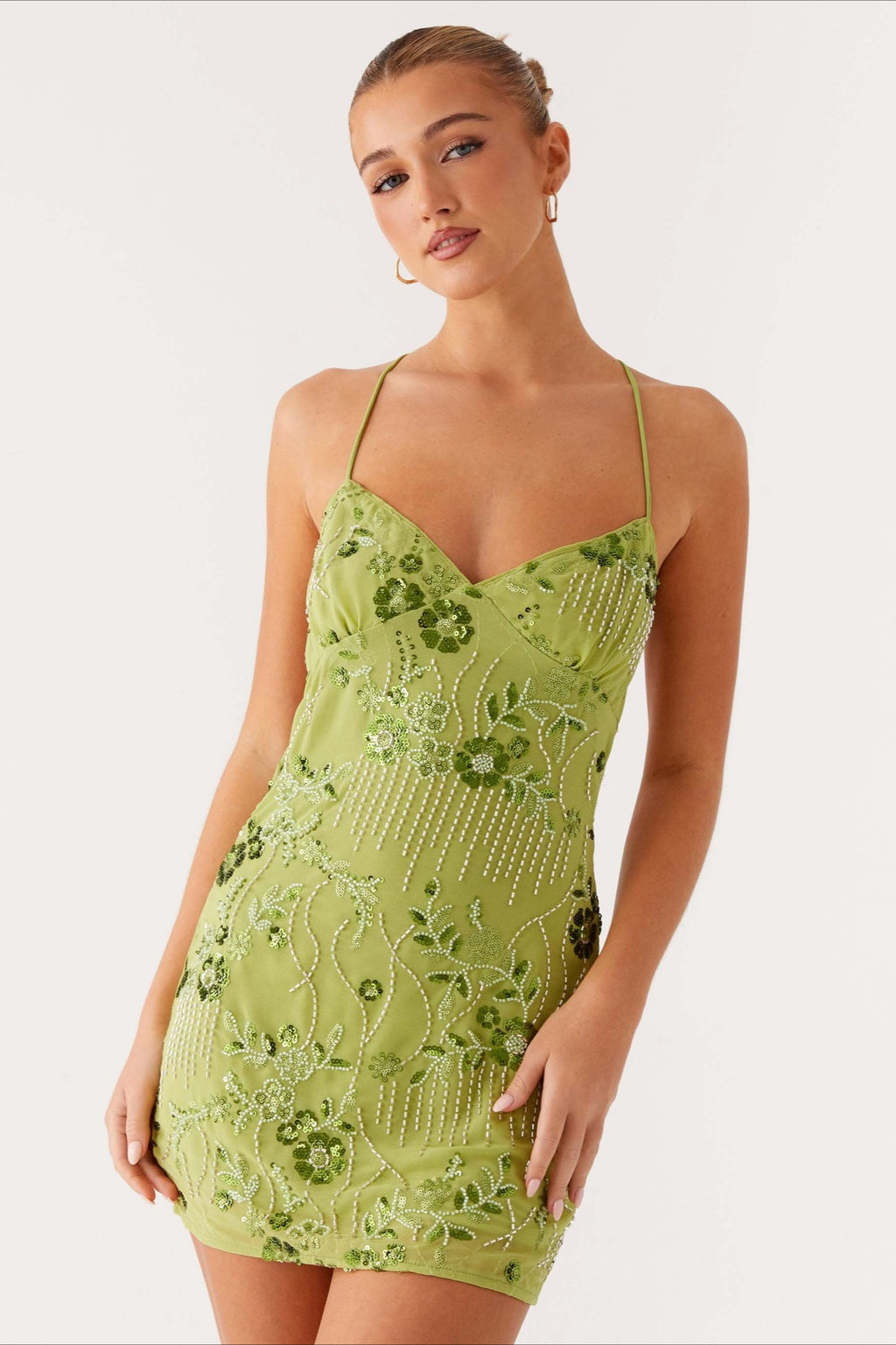 Beaded Sequin Lace Up Back Mini Dress