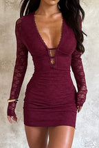 Deep V Long Sleeve Lace Dress