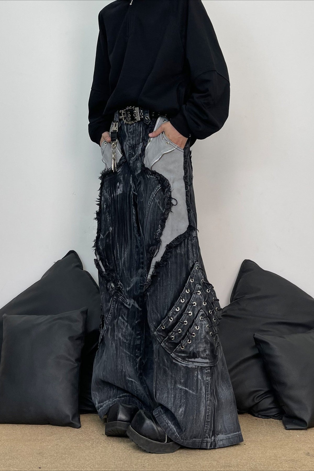 Deconstructed Patchwork Wide Leg Cargo Jeans