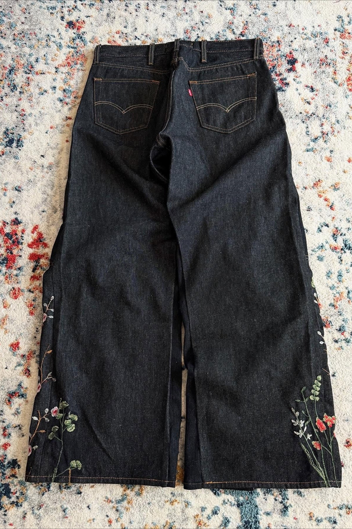 Floral Embroidered Patchwork Wide Leg Jeans