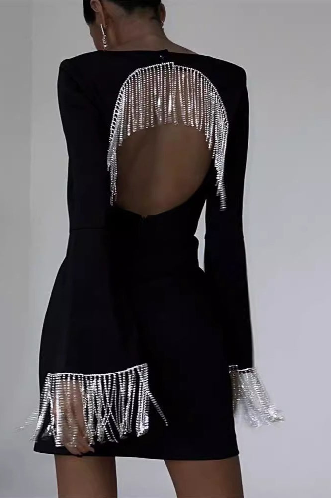Chic Black Fringe Back Cutout Bell Sleeve Midi Cocktail Dress Secondary image