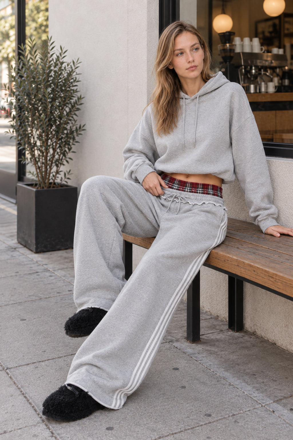 Stripe Plaid Panel Double Waist Wide Leg Pants