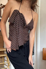 Polka Dot V-Neck Back Tie Halter Crop Top