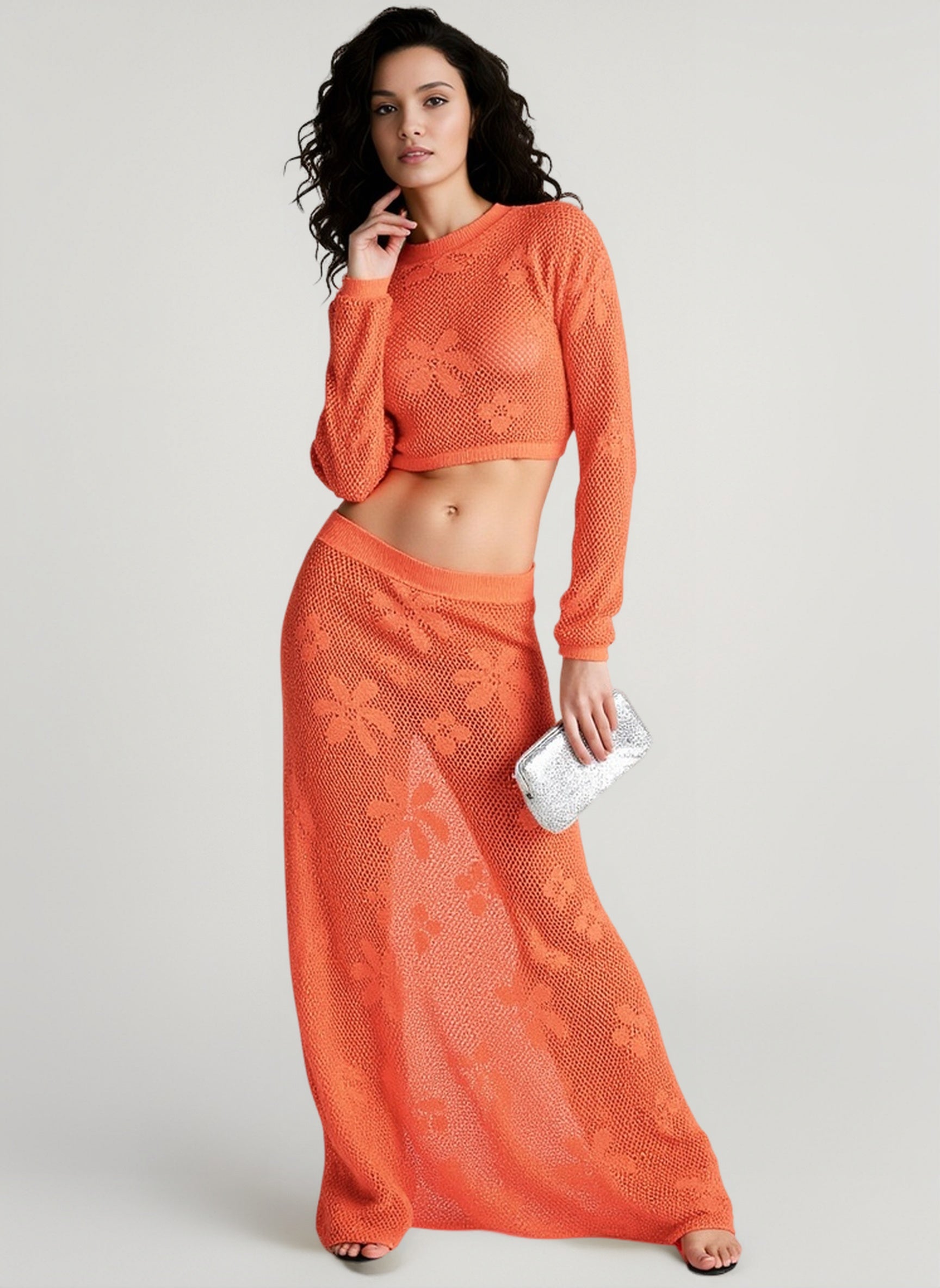 Knit Cutout Long Sleeve Crop Top Skirt Vacation Set Secondary image
