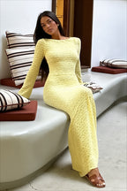 Textured Open Back Long Sleeve Fishtail Maxi Dress