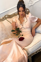 V-Neck Lace Panel Short Sleeve Slit Mermaid Lace Dress