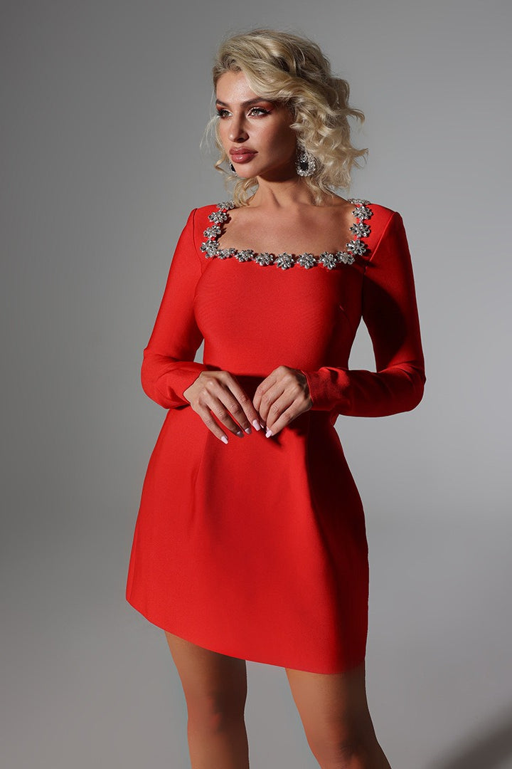 Elegant White Square Neck Long Sleeve Pearl Trim Slim Cocktail Dress Main image