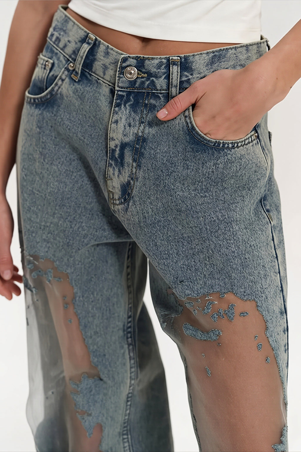 Mesh Panel Textured Y2K Wide Leg Jeans