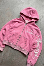 Street Rhinestone Print Zip Detail Hoodie
