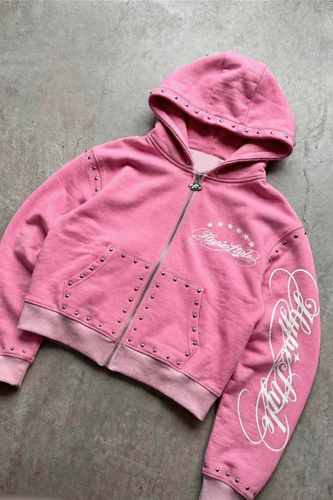 Street Rhinestone Print Zip Detail Hoodie
